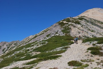 「頂上はあそこけ？」 「いいえ、あれは避難小屋で、その先です。」 暑い中、まだ４０~５０分上りです。ガンバ！